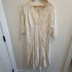 Sundance Ivory Embroidered Eyelet Lace Boho Midi Dress 16 Handkerchief Hem Modal